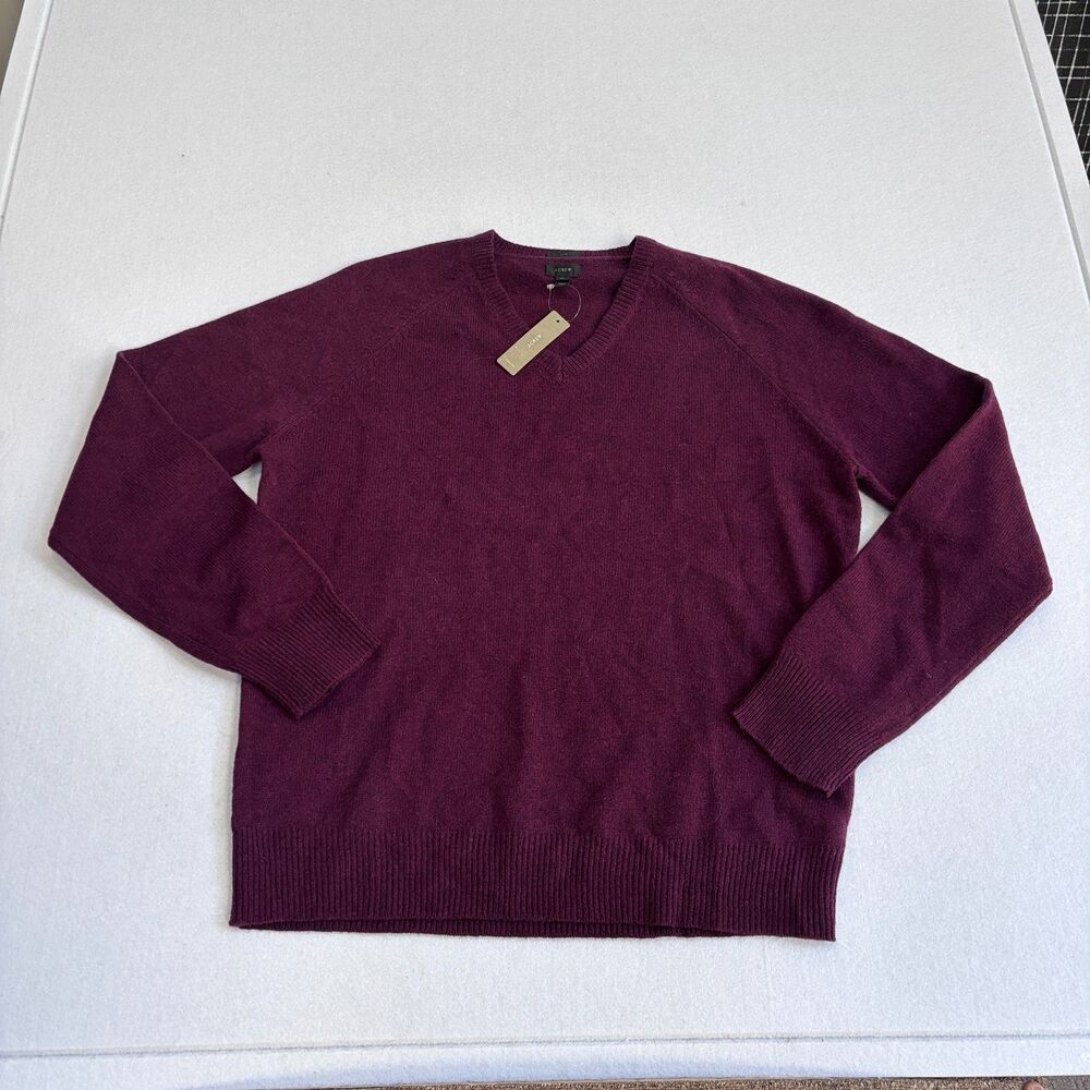 J. Crew Lambs Wool Sweater Mens XL Burgundy Wine V Neck Preppy Minimalist Slim